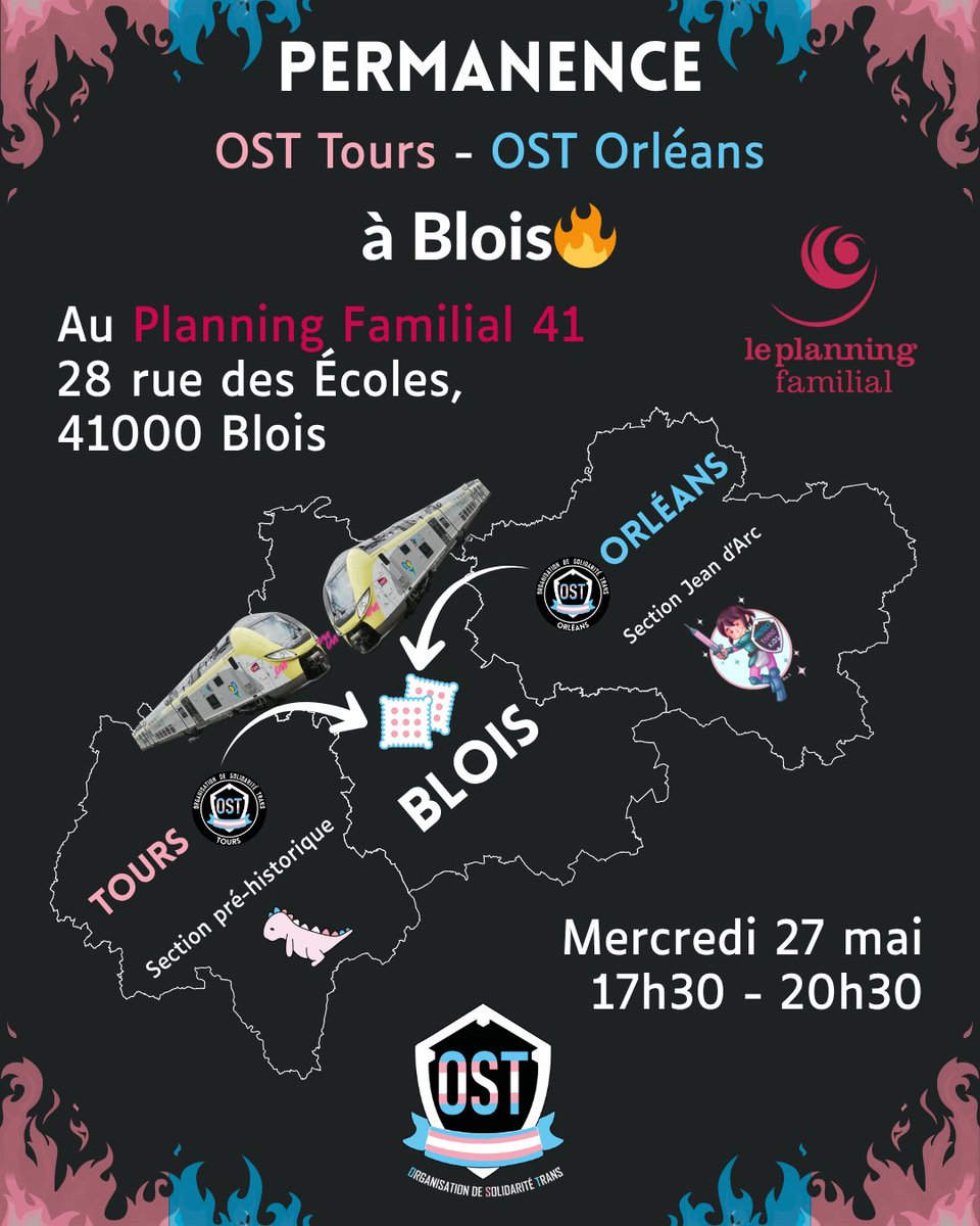 OST_Tours's tweet photo. Nous revoilà pour une nouvelle permanence à Blois par l'OST de Tours et d'Orléans 🔥!  Celle-ci sera ce Mercredi 27 Mai de 17h30 à 20h30, au Planning Familial 41, 28 rue des écoles à Blois. Venez nous y retrouver pour un moment convivial et toutes vos questions de transitions ! https://t.co/p4UTbTGopF