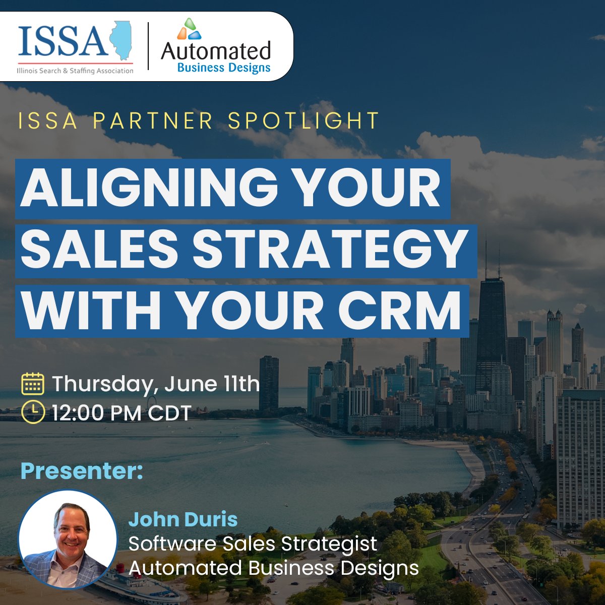 ISSAworks's tweet photo. ISSA Partner Spotlight: Automated Business Designs

Aligning Your Sales Strategy With Your ATM
June 11, 2026 - 12PM CST

Free to ISSA Members! Register at: https://t.co/21RpqdzQcM

#PartnerSpotlight #SalesStrategy #CRM https://t.co/rRbu1mlp0a