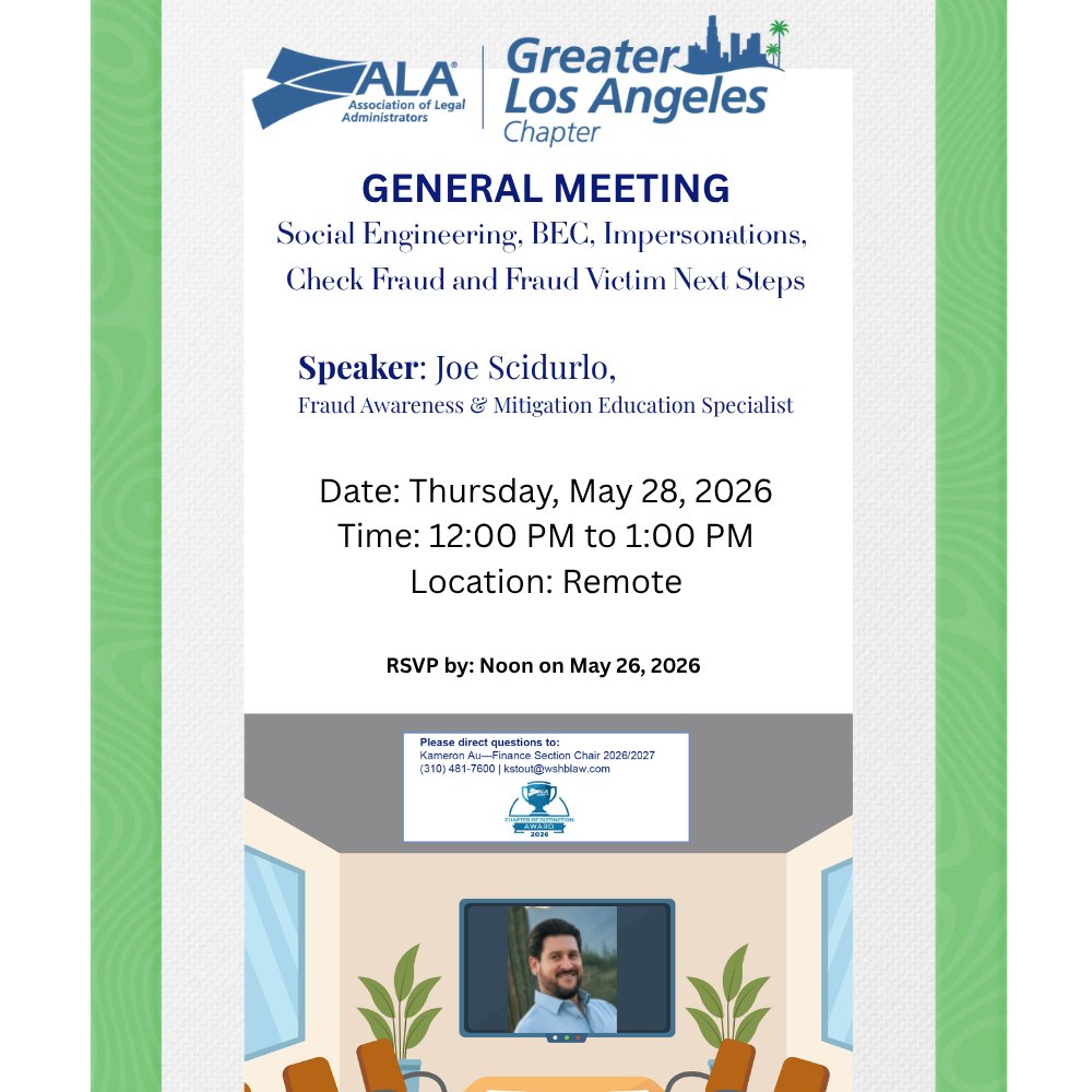 GLAALABuzz's tweet photo. #GLAALA’s Finance Section is excited to welcome Joe Scidurio as he shares valuable insights on social engineering, BEC, check fraud, and what to do next if you become a fraud victim. #ALABuzz #Back2TheFuturePart2 https://t.co/YhL3uO8dHL