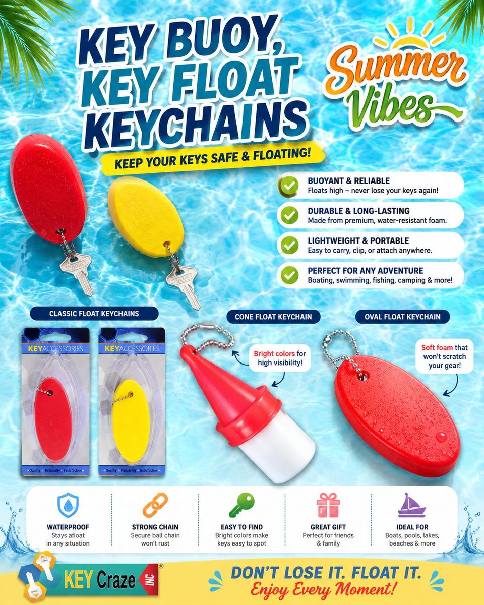 keycraze's tweet photo. Summer is almost here and that means swimming and water activities for many people. Highly visible and durable key float and key buoy makes it easy to find your keys in water. https://t.co/X3nUC5IePY