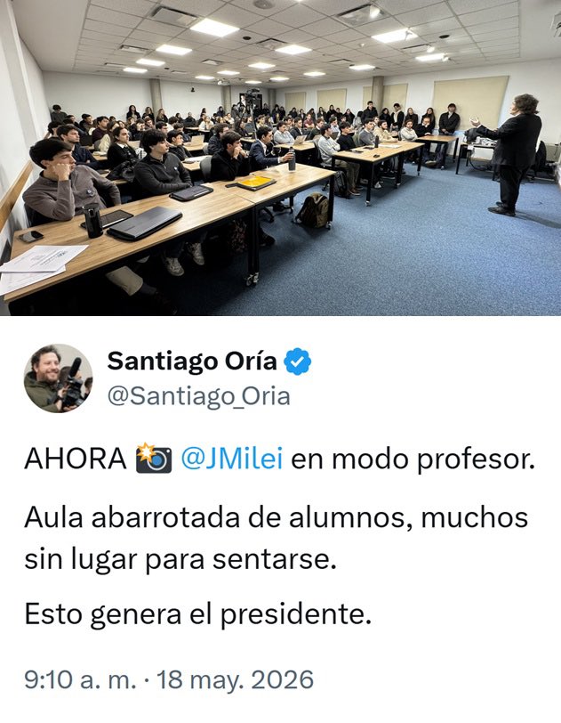 MartinDandach's tweet photo. Aparte de la vergüenza ajena que da leer que esa aula está abarrotada y lo ridículo que es tomar como referencia algo así, todos sabemos, incluso hasta el mismo gobierno, que el Presidente ya no genera absolutamente nada. Nadie está entusiasmado ni con esperanzas puestas en el, ya perdió todo. Milei es un muerto político que solo se sostiene electoralmente por el sector antiperonista tradicional de siempre que lo sigue viendo como la única opción medianamente con posibilidades de enfrentarse al peronismo. Todo lo demás es un fracaso. Está acabado.