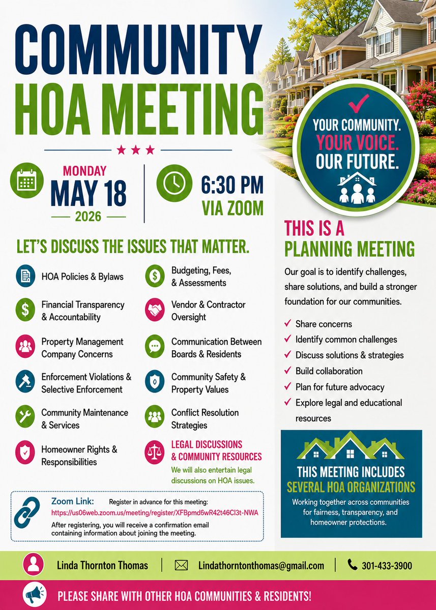 HeyPapiPromos's tweet photo. 💻🏘️ Join Host @darnellatt Linda Thornton Thomas for a Powerful Virtual Community HOA Meeting: Your Voice Matters! For homeowners, residents, HOA board members, and community leaders, etc.

📅 Monday, May 18, 2026
⏰ 6:30 PM (EST)
💻 Via Zoom

👉 RSVP at: https://t.co/7QzIpAyDTs https://t.co/v2yZMwK9YA
