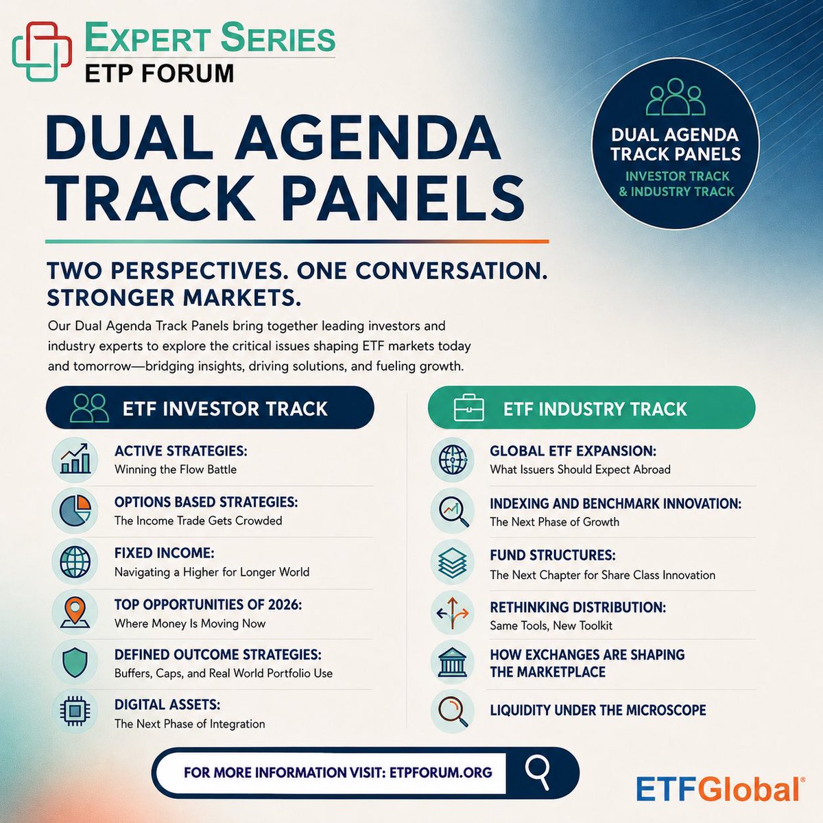 ETF_Global's tweet photo. Two tracks. One ecosystem. One conversation shaping the future of ETFs.

The ETP Forum's Dual Agenda Track Panels bring together ETF Investors and ETF Industry leaders to explore the ideas, structures, strategies, and innovations driving the next phase of market growth. https://t.co/Ssx8dFl4iZ