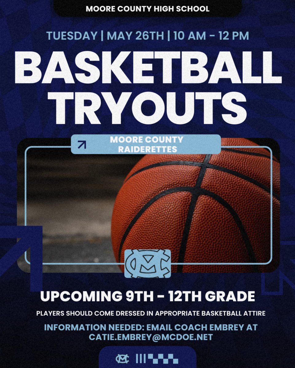 MooreNetwork's tweet photo. Coach Embrey will be holding the 2026-2027 Moore County Raiderettes tryouts on May 26th from 10:00 AM to 12:00 PM. https://t.co/djf1R6JXBL