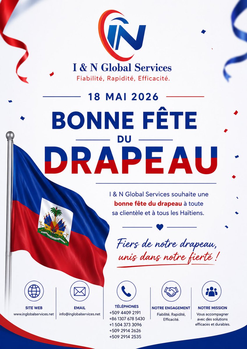 IdatsonE's tweet photo. 🇭🇹✨ Bonne Fête du Drapeau à tous les Haïtiens ! ✨🇭🇹

En cette journée historique du 18 Mai, I &amp; N Global Services souhaite une excellente fête à toute son aimable clientèle ainsi qu’à tout le peuple haïtien. ❤️💙 https://t.co/zm63jqdnZP
