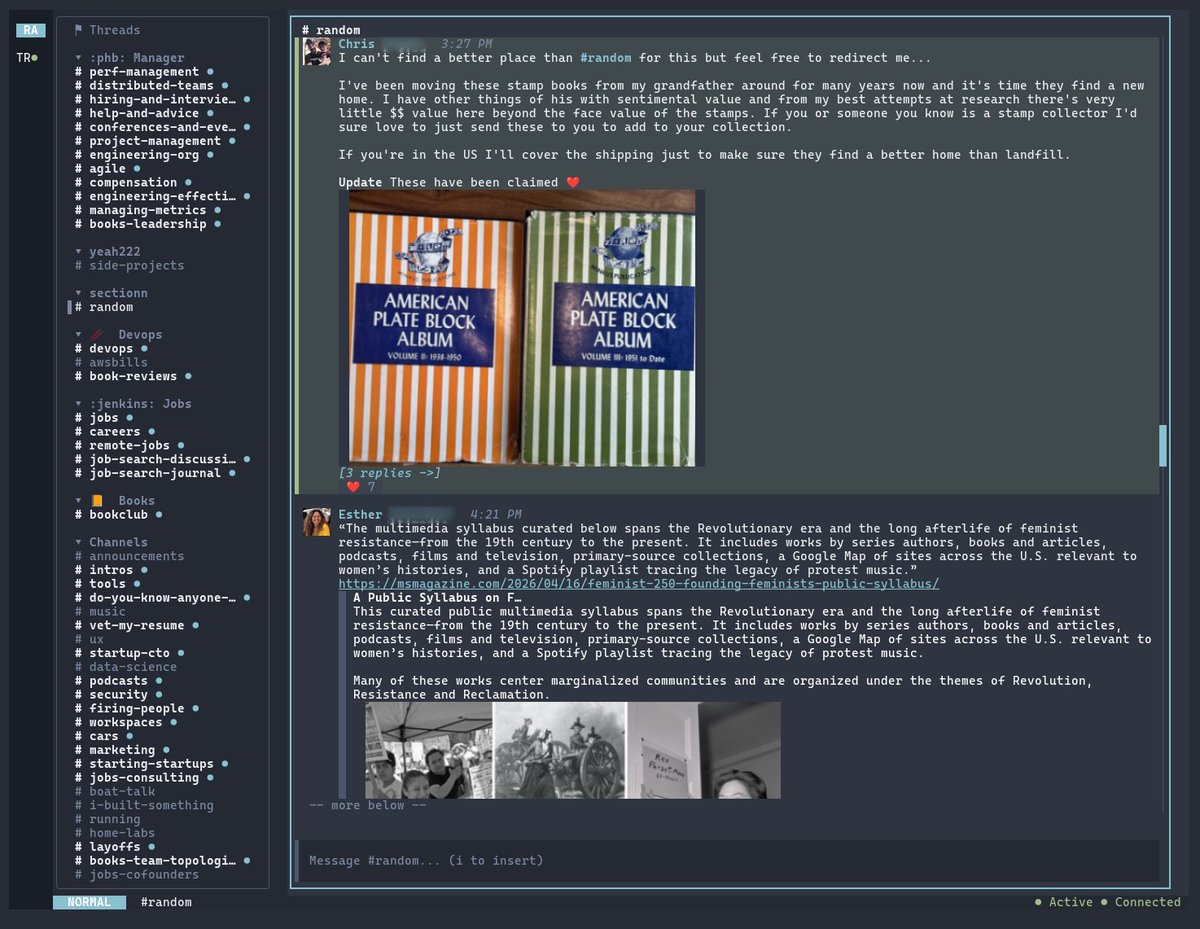 gammons's tweet photo. Slack on my laptop uses 1.5Gb of ram.  The TUI I built last week to replace it uses 100Mb.   Slack does quite well in the terminal!

Built in seven days with four AI agents running in parallel git worktrees.

https://t.co/Yq0iWhRkhB https://t.co/8Mi5bPkNmo