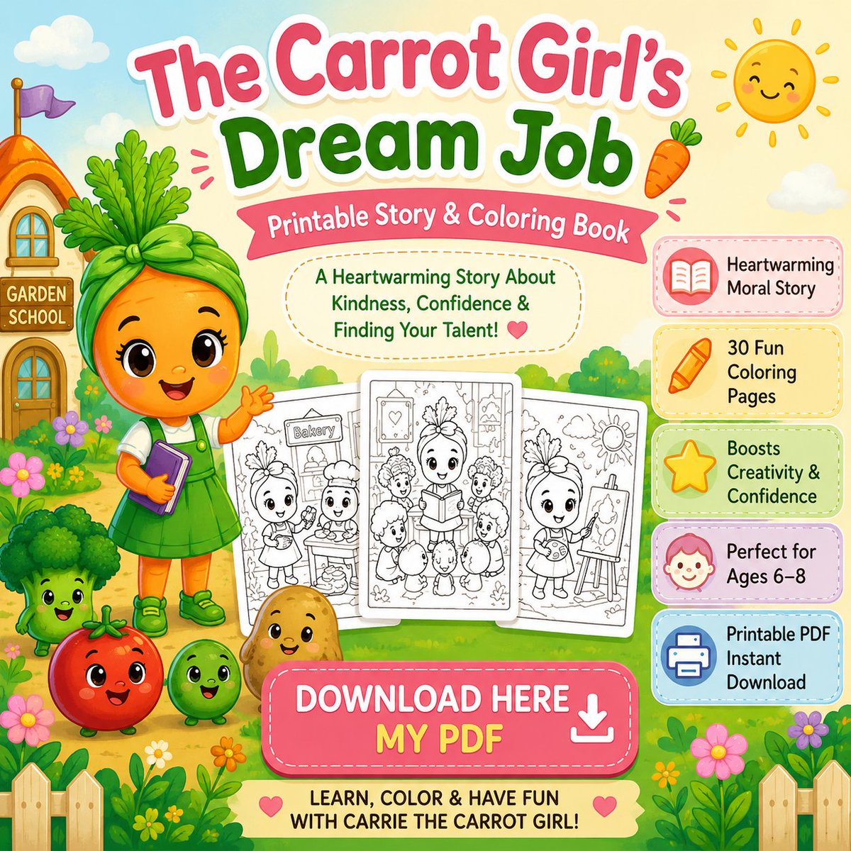 jawed46964's tweet photo. 🥕✨ NEW Kids Printable!
“The Carrot Girl’s Dream Job” is a fun story + coloring book for ages 6–8 featuring cute vegetable characters, moral lessons &amp; 30 coloring pages 🎨📚
📥 Download Here: [https://t.co/bzBG7fzvyb]
#KidsBook #ColoringBook #Printable #Homeschool https://t.co/fjXlyevS6t