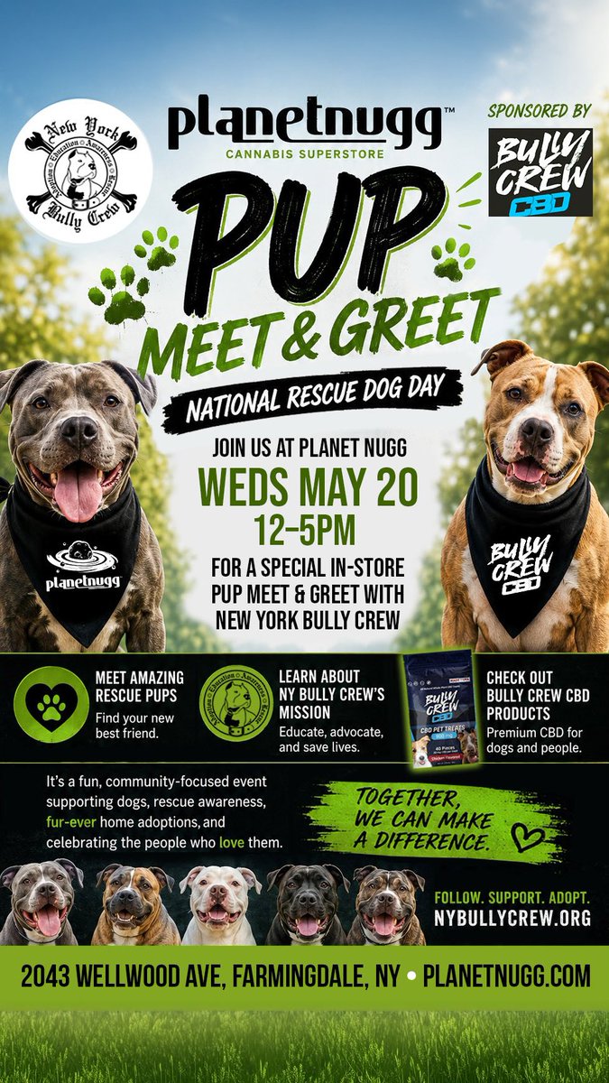 PlanetNugg's tweet photo. Pull up to Planet Nugg for our Pup Meet & Greet with New York Bully Crew 🐾💚
📅 Wednesday, May 20
⏰ 12–5 PM
📍 2043 Wellwood Ave, Farmingdale, NY
Meet rescue pups, learn about NY Bully Crew’s mission, and support adoption awareness.
Follow. Support. Adopt. 🐶
https://t.co/wCYg93peKO
