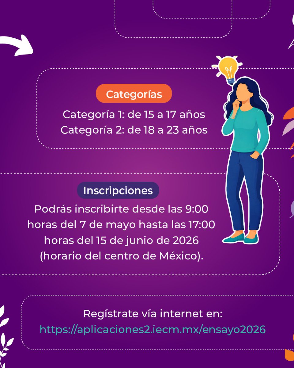 Distrito21IECM's tweet photo. A través de la Dirección Distrital 21, se extiende la cordial invitación para participar en el Concurso Juvenil de Ensayo 2026 "Conversando con los clásicos".

¡Infórmate y participa!

#IECM #DD21 https://t.co/g8L4qwHqbR