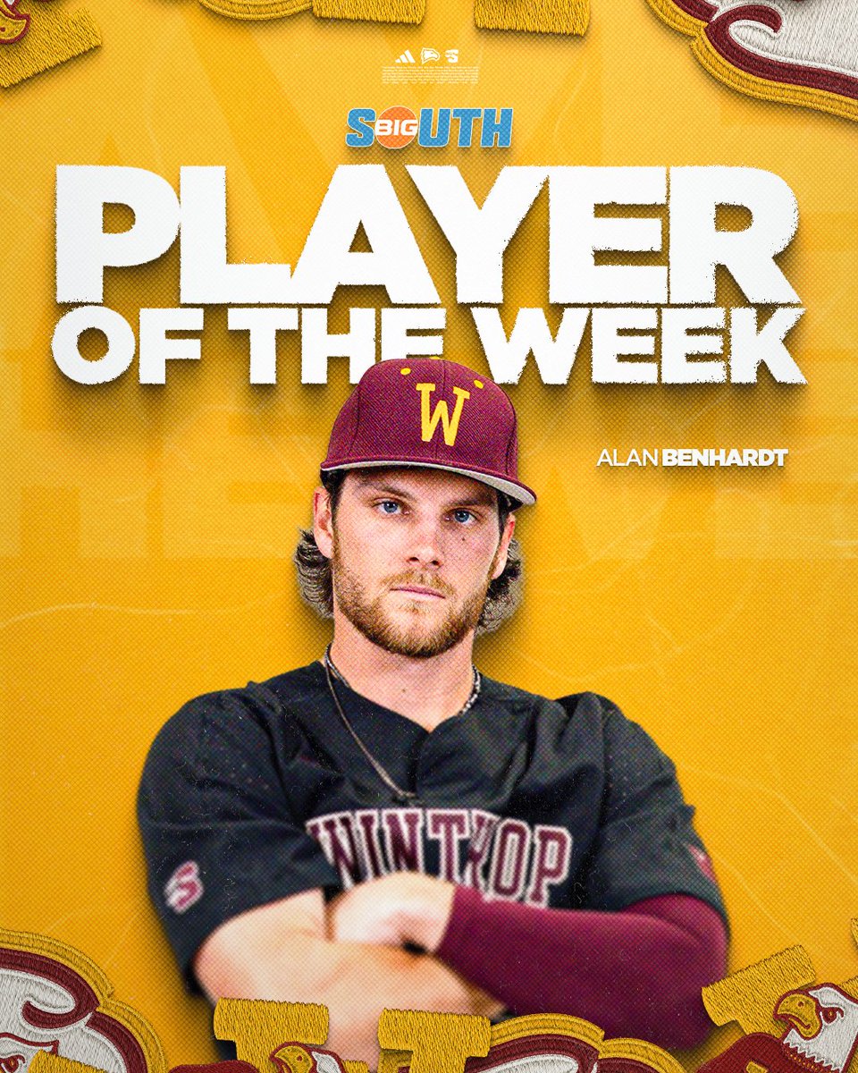 WinthropBSB's tweet photo. Player of the Week 🔥

.625/.700/.813. 1.513 OPS. Zero strikeouts.

Alan Benhardt went 10-for-16 in the final week, helping Winthrop get their first win since 2015 vs. South Carolina and earn the Eagles highest postseason seed since 2017.

#ROCKtheHILL | #BigSouthBSB https://t.co/XiMr8ZLak5