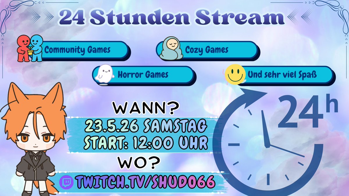 Shudo66's tweet photo. 🎉 24H Event!

Am 23.05. geht’s los! 🔥
 24 Stunden Stream – viele Games, Chaos, gute Stimmung und jede Menge Momente zum Lachen 🎮😂
🕛 Start: 12 Uhr
🕐 Ende: 13 Uhr (nächster Tag)

Seid dabei und lasst uns das gemeinsam durchziehen! 💪🔥
#twitchde #stream #24h https://t.co/uomDdLAzma