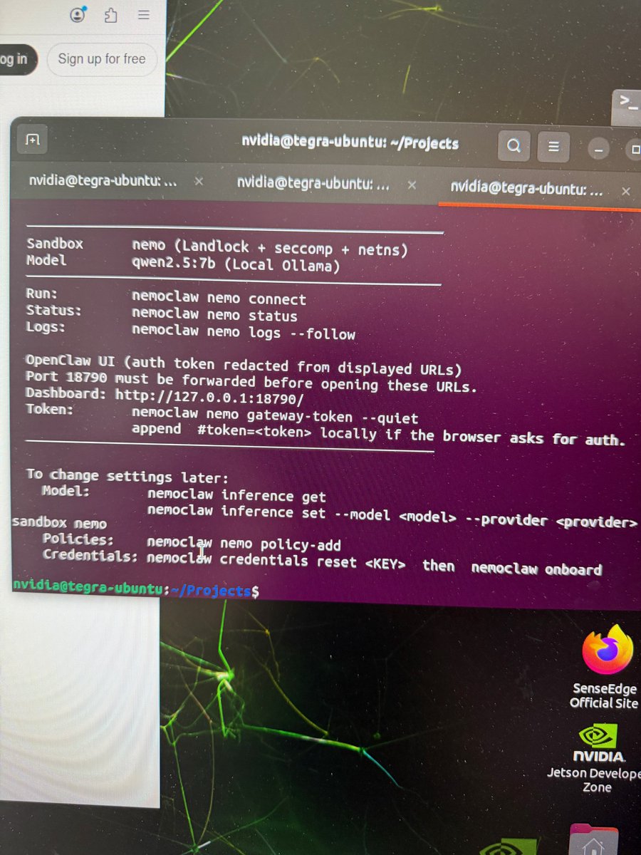 chrismatthieu's tweet photo. I was amazed at how easy it was to install @NVIDIAAI 's #NemoClaw on the @AVerMedia SenseEdge Development Kit (Orin Jetson) and integrate it seamlessly with my @AgenticROS #PhysicalAI framework with #ROS2 and @RealSenseai support!

I was also pleasantly surprised that it had built-in support for @ollama + QWEN v2.5 LLM/VLM running locally!

Notice on the last screen shot, I asked NemoClaw to list its ROS topics and you can see all of the RealSense camera topics already streaming. I next asked, what does the robot see? It answered, "I see you sitting close to the canera in a chair, mostly left side of frame. Behind you there's a bright room with white shutters/doors on the right, guitars on stands and hanging on the wall, and some shelves or records near the back."

AgenticROS now has support for skills allowing you to add Follow Me or other skills to form Physical AI missions. More details available at https://t.co/IneKnIJ2Yu