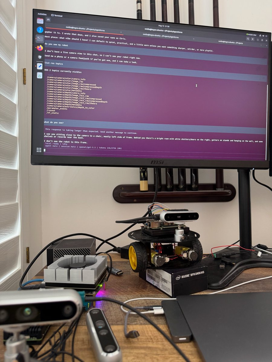 chrismatthieu's tweet photo. I was amazed at how easy it was to install @NVIDIAAI 's #NemoClaw on the @AVerMedia SenseEdge Development Kit (Orin Jetson) and integrate it seamlessly with my @AgenticROS #PhysicalAI framework with #ROS2 and @RealSenseai support!

I was also pleasantly surprised that it had built-in support for @ollama + QWEN v2.5 LLM/VLM running locally!

Notice on the last screen shot, I asked NemoClaw to list its ROS topics and you can see all of the RealSense camera topics already streaming. I next asked, what does the robot see? It answered, "I see you sitting close to the canera in a chair, mostly left side of frame. Behind you there's a bright room with white shutters/doors on the right, guitars on stands and hanging on the wall, and some shelves or records near the back."

AgenticROS now has support for skills allowing you to add Follow Me or other skills to form Physical AI missions. More details available at https://t.co/IneKnIJ2Yu