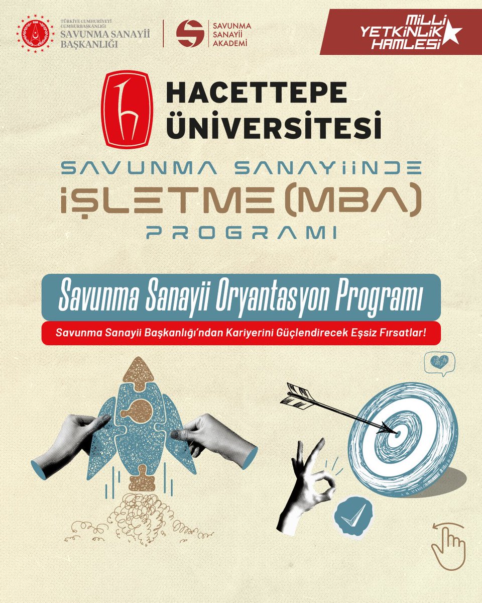 SavunmaAkademi's tweet photo. @SavunmaSanayii ve @Hacettepe1967  iş birliğiyle hayata geçirdiğimiz Savunma Sanayiinde İşletme (MBA) Programı yeni dönem başvuruları çok yakında başlıyor!🚀🚀

➡️Başvurular: 22 Haziran - 3 Temmuz 2026
➡️Sınav Tarihleri: 8-10 Temmuz 2026
➡️Kesin Kayıtlar: 17-20 Ağustos 2026

Program kapsamında:
• Savunma sanayii odaklı MBA yaklaşımı
• Sektörel mentörlük
• Güncel savunma projeleri ve vaka analizleri
• Yetkinlik geliştirme seminerleri
• Gelecek öngörü çalıştayları
• Savunma sanayii oryantasyon programı ve çok daha fazlası katılımcıları bekliyor.

Detaylı bilgi ve başvuru için:
🔗https://t.co/YrUFBDXXXI
🔗https://t.co/8J1O87mff5

#MilliYetkinlikHamlesi #SavunmaSanayii #MBA