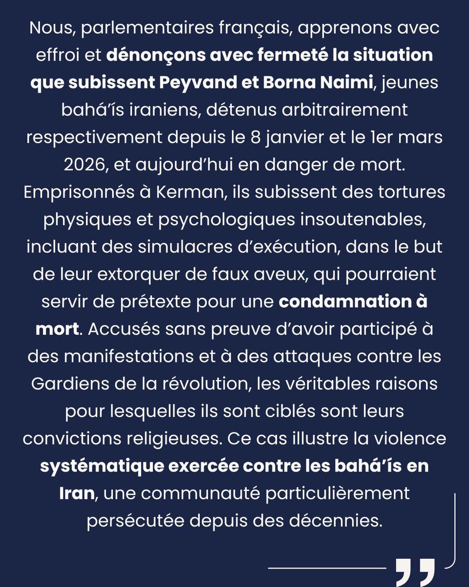 baebf91909's tweet photo. 🚨Dans une  déclaration conjointe, 21 parlementaires français s’alarment du sort de  Peyvand et Borna Naimi, deux prisonniers en Iran qui endurent tortures  et simulacres d’exécutions, en raison de leur appartenance à la foi  bahá’íe. https://t.co/8qoXIESofx