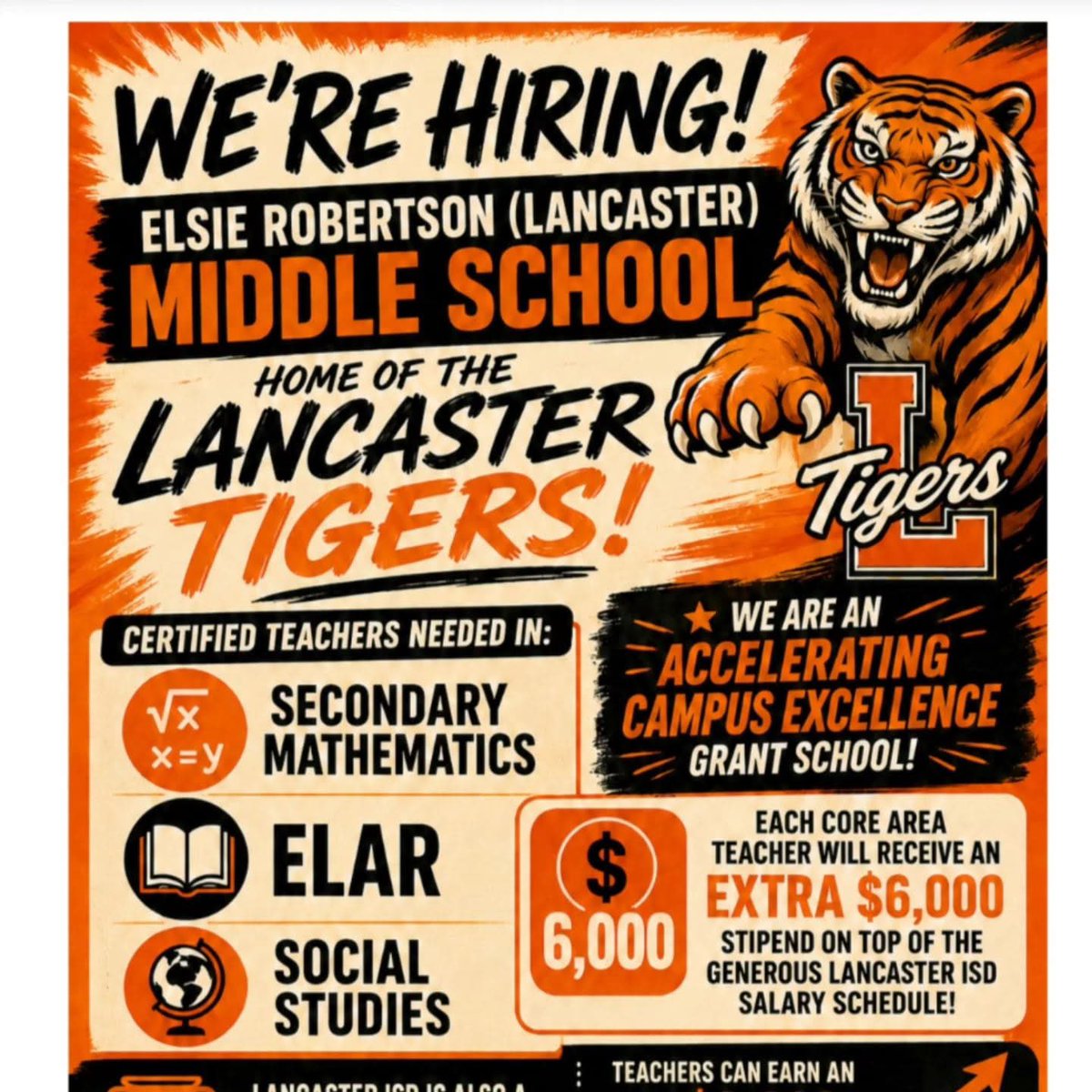 ERLancasterMS's tweet photo. LMS has openings for certified teachers for the 26-27 school year. Go to https://t.co/A99nkXjbq9 to apply and join us for an amazing year! 🧡🤍🖤🐯 https://t.co/rCe7EzUAix