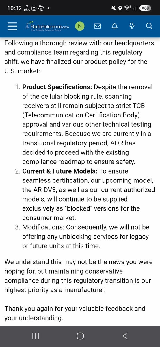 N9PAT's tweet photo. So even though the cellular block rule has been removed in the USA, @AOR_AORJA chooses to not follow that and still provide blocked receivers to the USA. What a stupid decision... https://t.co/83OPJS09Bh
