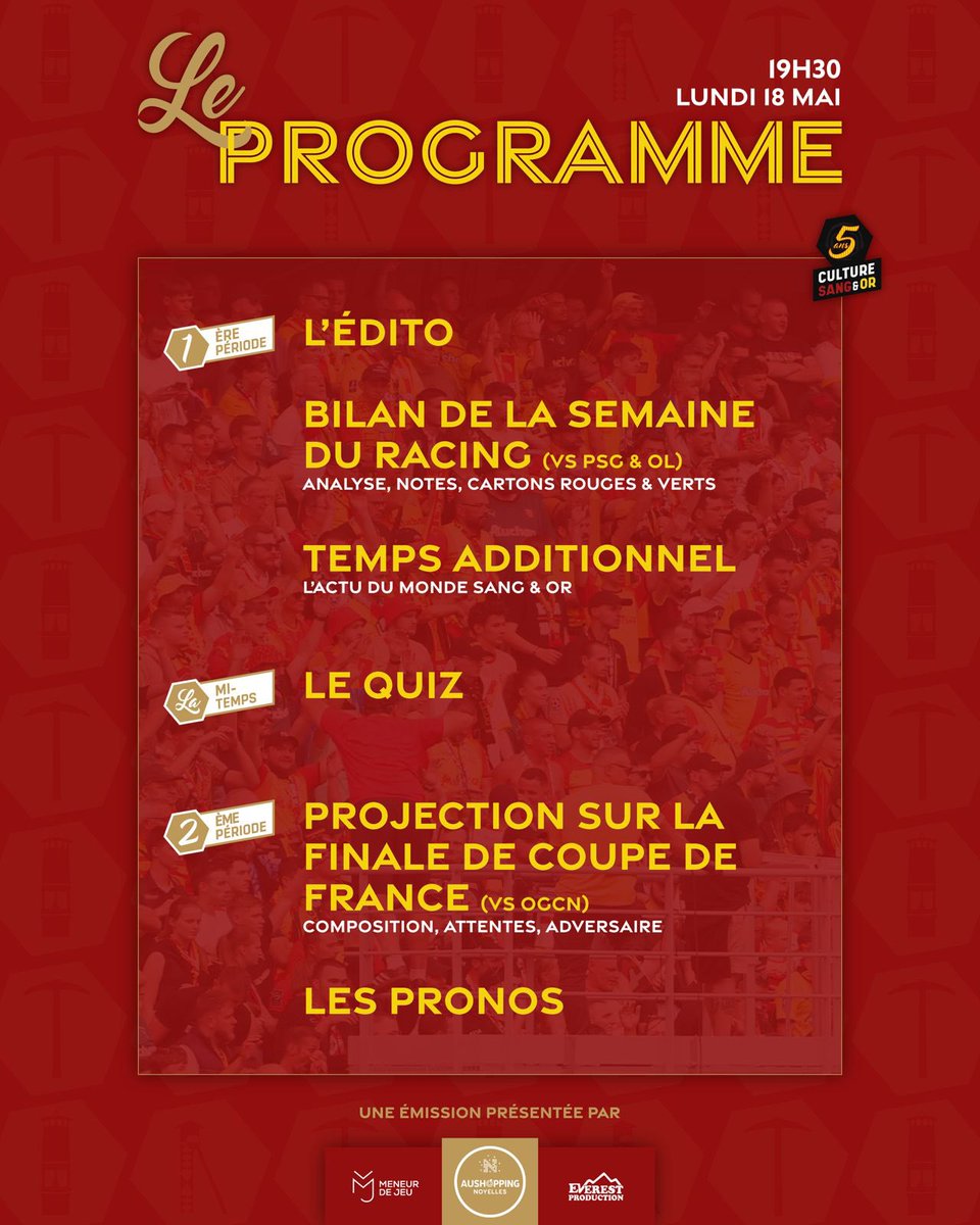 CultureSangEtOr's tweet photo. [Émission | #S6E34]

➡️ L’édito 
➡️ Bilan de la semaine du Racing avec #RCLPSG &amp; #OLRCL
➡️ L’actu du monde Sang&amp;Or
➡️ Quiz 
➡️ Projection sur la finale de Coupe de France 
➡️ Les pronos

#RCLens 🔴🟡 https://t.co/qwILSqGwVa