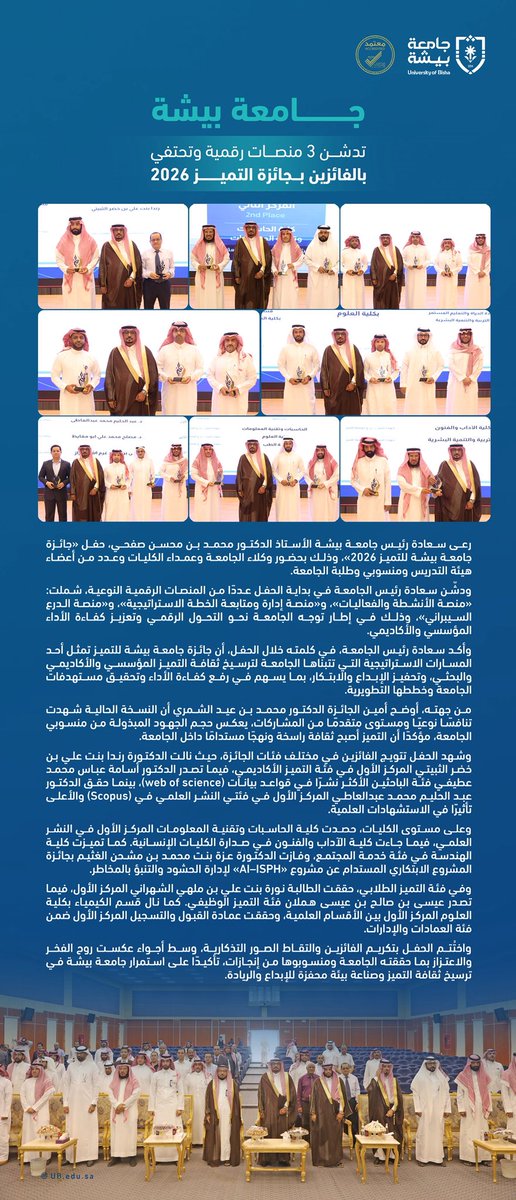 Bisha_U's tweet photo. رعى سعادة رئيس الجامعة الأستاذ الدكتور محمد بن محسن صفحي، حفل جائزة التميز لعام 2026م، وكرّم الفائزين بالجوائز في فئات الجائزة المختلفة، كما دشًن سعادته 3 منصات رقمية، وذلك بحضور وكلاء الجامعة وعمداء الكليات والعمادات المساندة وعدد من أعضاء هيئة التدريس ومنسوبي وطلبة الجامعة. https://t.co/QbaoUDdr7z