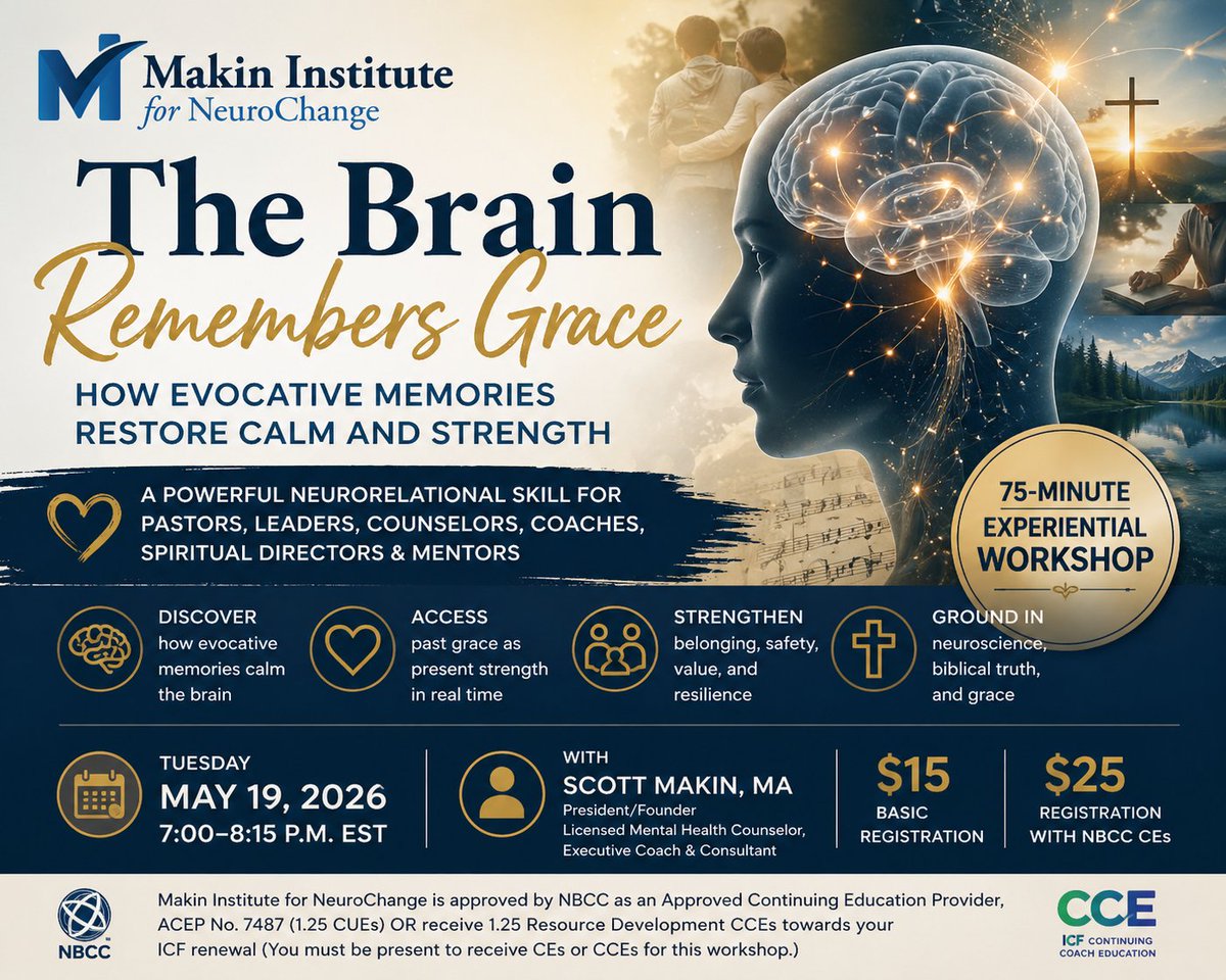MI4NeuroChange's tweet photo. Join us Tuesday, May 19, 2026 | 7:00–8:15 p.m. EST to discover how The Brain Remembers Grace: How Memories Restore Calm and Strength

In this workshop, you will discover how emotionally rich memories of nurturing relationships, meaningful successes, and even sensory experiences like music, places, and objects can help restore calm, strengthen your core self, and bring stability when you feel overwhelmed or alone.

It is a practical, experiential workshop where you’ll learn the concept, experience it yourself, and leave with a tool you can begin using with clients, leaders, ministry members, or yourself.

$15 basic registration | $25 with NBCC CEs
https://t.co/tqZGvycqg2

#EvocativeMemories #NeuroRelationalChange #Counselors #Pastors #Leaders #HelpingProfessionals #FaithAndNeuroscience #EmotionalHealing #ContinuingEducation
