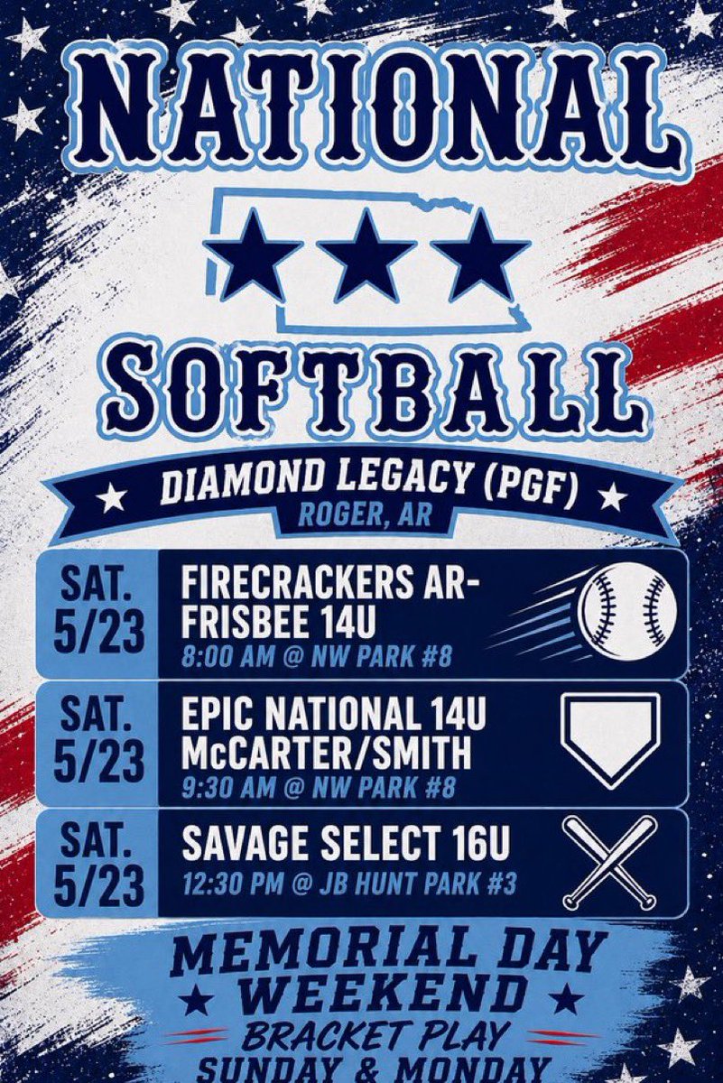 maclinck5's tweet photo. Back on the road we go!! To Bentonville, Arkansas for the PGF Diamond Legacy tournament ⭐️⭐️⭐️ Schedule posted below: 
@MidwestPremierS @WSCWildcatSB @Coach_Warnock @NationalPiatt https://t.co/dZdHC7rx5Z