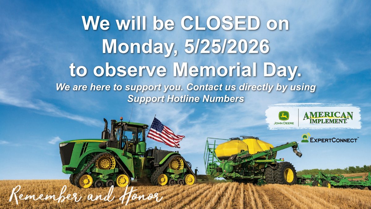 AmericanImp's tweet photo. On Memorial Day, we pause to honor the brave men and women who made the ultimate sacrifice for our freedom. 🇺🇸
Their courage and service will never be forgotten.
All American Implement locations are closed today.

#MemorialDay #AmericanImplement #NeverForget #HonorOurHeroes https://t.co/z05sbyf916