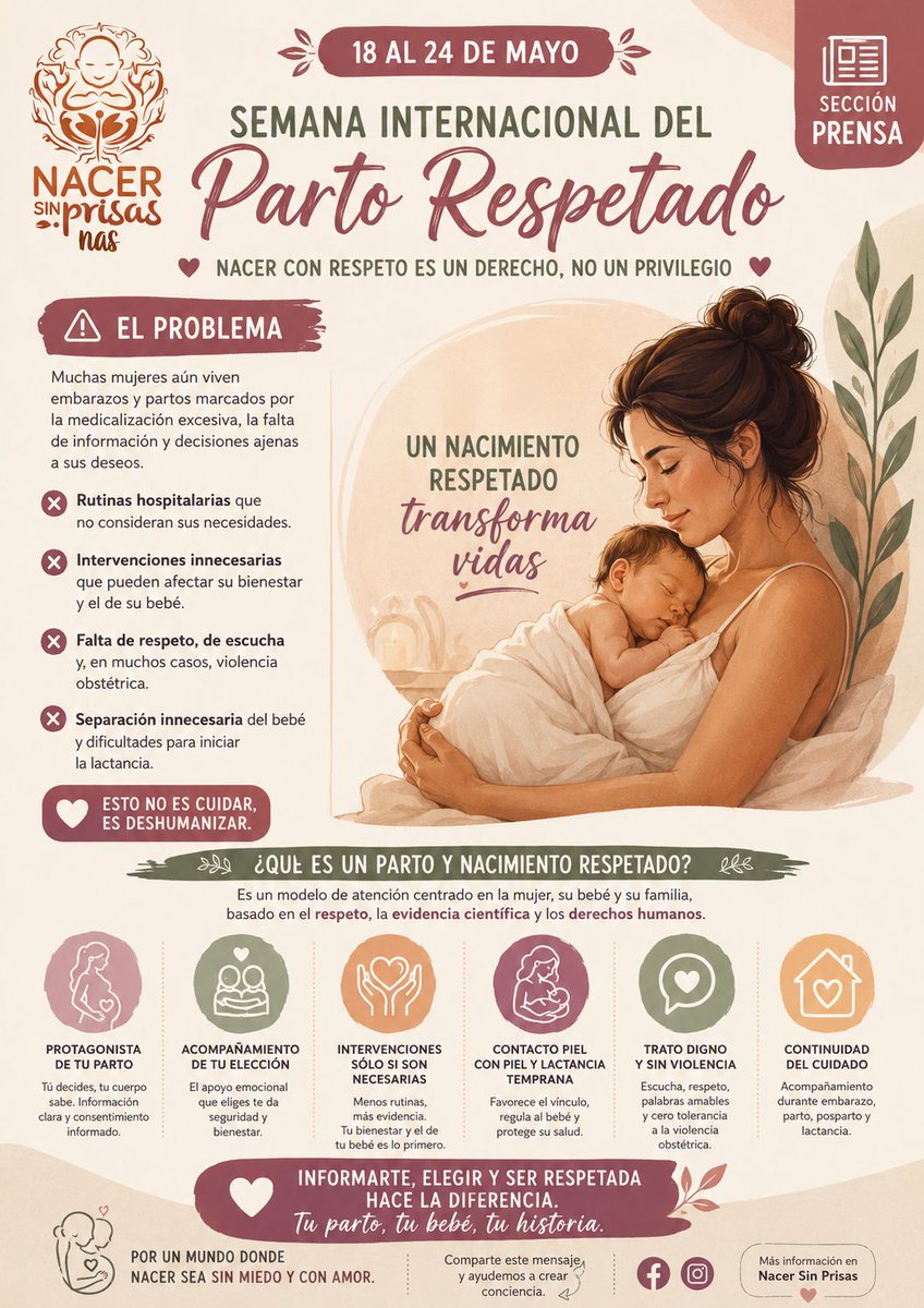 NacerSinPrisa's tweet photo. La Semana Mundial del Parto Respetado del 18 al 24 de Mayo , se celebra para promover un modelo de atención al nacimiento centrado en la mujer, el bebé y la familia, basado en el respeto, la evidencia científica y los derechos humanos.
Abro hilo.
#partorespetado https://t.co/7gQZcJJUtm
