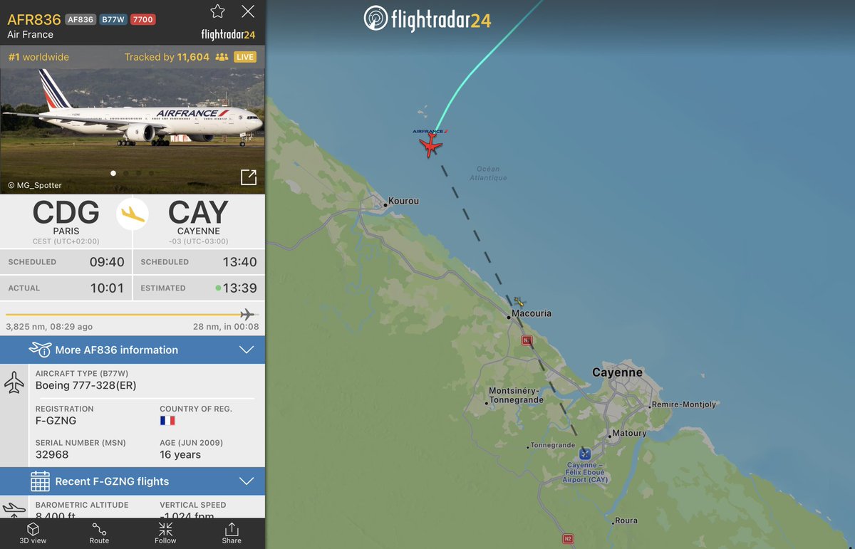 flightradar24's tweet photo. #AF836 from Paris to Cayenne squawking 7700 on approach to Cayenne.
https://t.co/OUf2kli8Ll https://t.co/dBtQkJTZTg