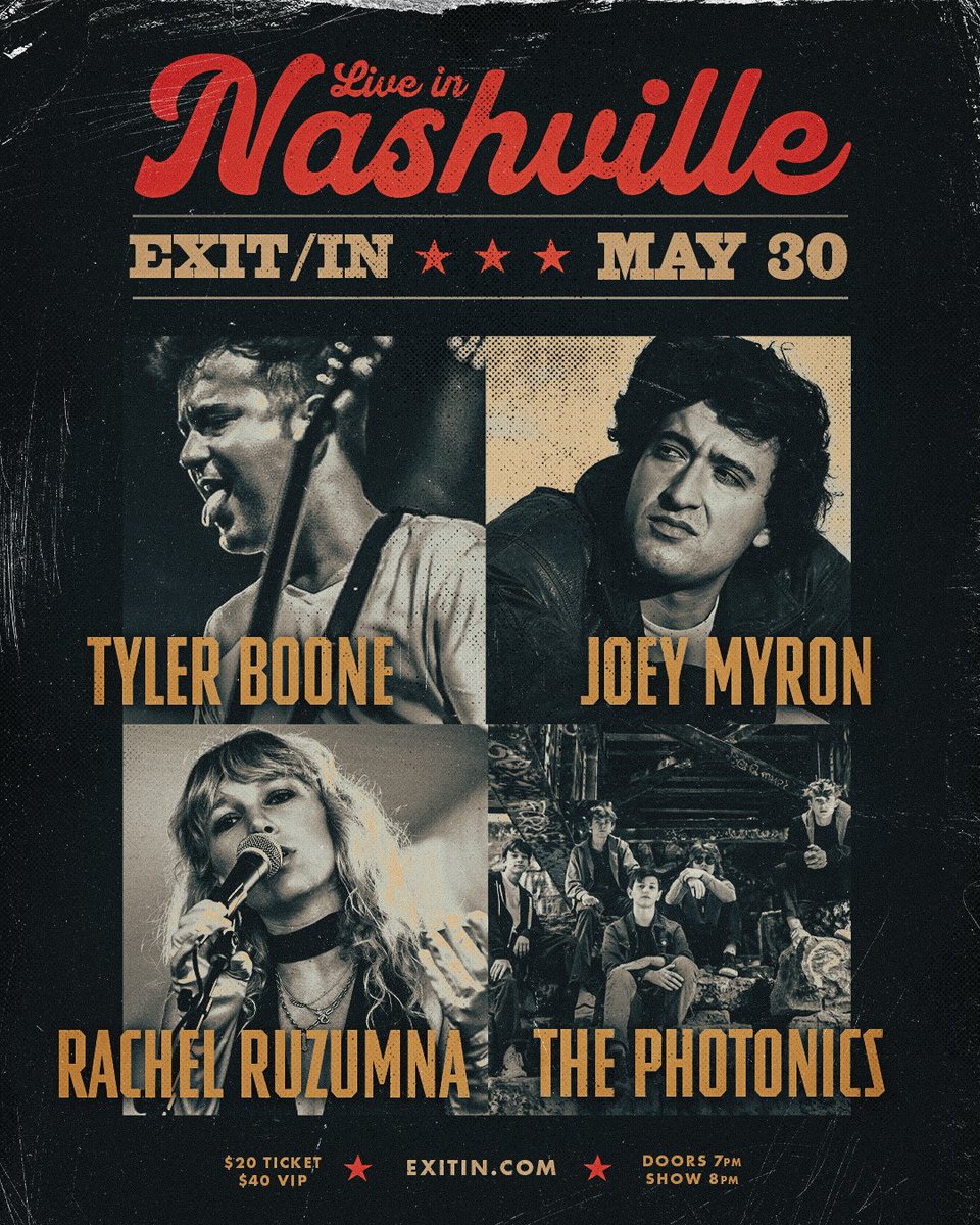 tylerbooner's tweet photo. Nashville! This show is right around the corner! May 30 at The EXIT/IN! VIP tix also available....
https://t.co/Zn6Paysu7c
#music #livemusic #nashville #exitin @ExitInNash @Lightning100 https://t.co/PaOqeefHiG