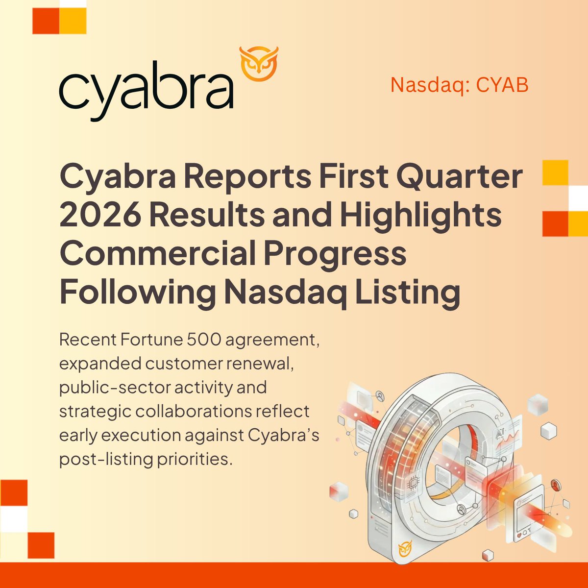 TheCyabra's tweet photo. $CYAB recently announced financial results for the first quarter ended March 31, 2026 and provided a corporate update.

A few highlights include: ARR increased 19% year-over-year to approximately $7.0 million, while revenue increased 12% year-over-year and gross margin expanded to approximately 86%, reflecting the strength of our high-margin platform model and the increasing relevance of our digital trust solutions.

Read the full release: https://t.co/ldGp65n0gu