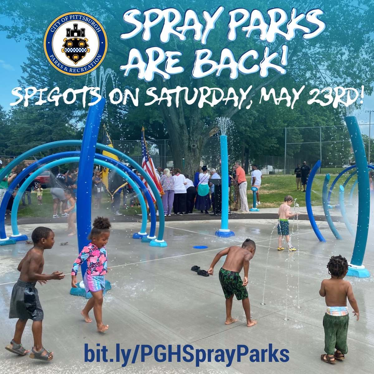 CitiParks's tweet photo. SUMMER SPLASH SEASON IS BACK! 💦@Pittsburgh Spray Parks &amp; Playgrounds with Spray Features open on Saturday! All ages can cool off, play &amp; splish-splash all summer long.
Open daily 10AM–8PM (weather permitting)! More info at link in our bio! https://t.co/iYBWgjEq8T