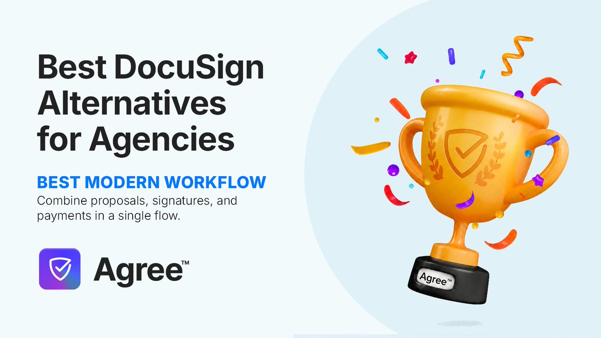 AgreeHQ's tweet photo. The team @RocketDotNet ranked Agree™ as the "Best Modern Workflow" in the best @Docusign alternatives for agencies.

"Agree’s simplicity is its superpower. The interface is cleaner than almost anything else in this space. Agree also converts signed contracts into invoices and payment requests automatically."