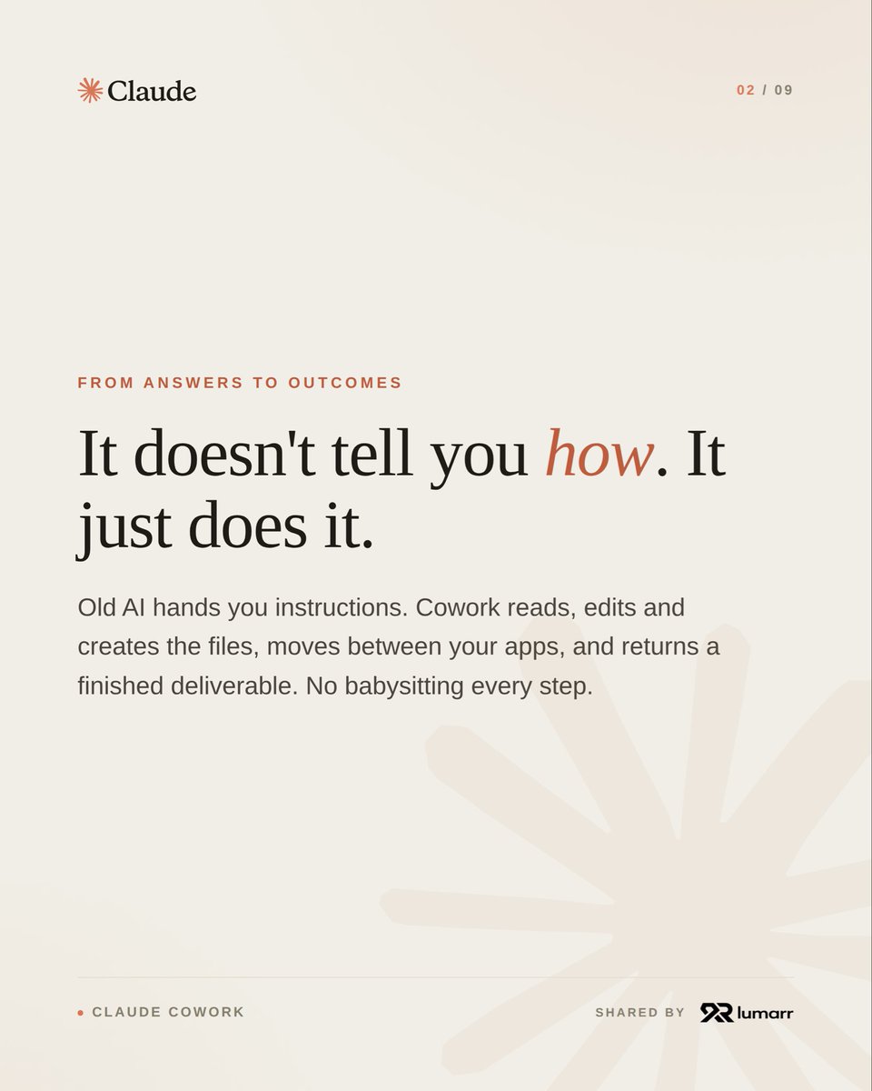 IainMCIOB's tweet photo. Most people still use AI like a search bar.

Claude Cowork just does the work. It reads your files, edits them, moves between your apps and hands back the finished job. You set the goal. It delivers the outcome. 🧵 https://t.co/l5HVaYzQ6c