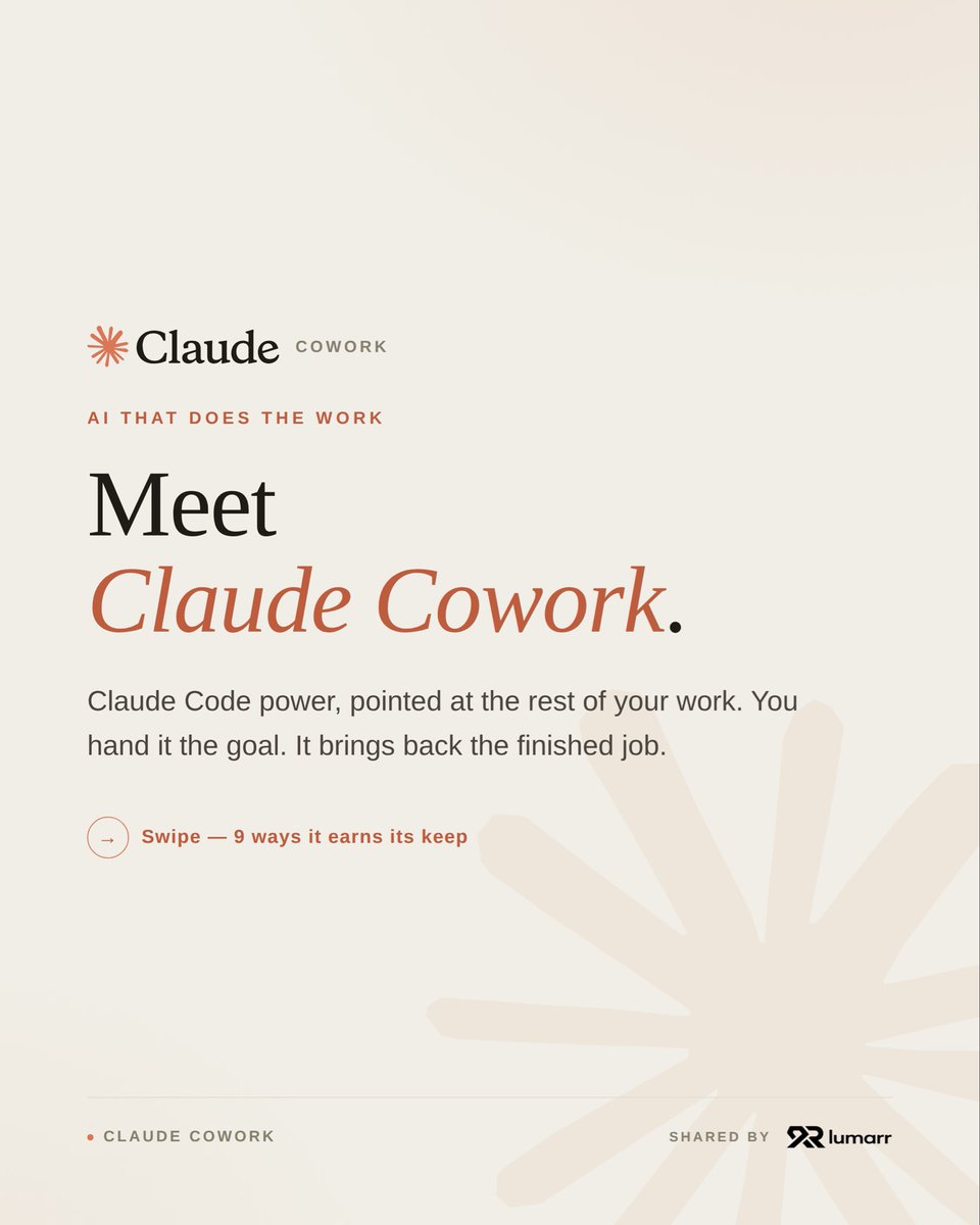 IainMCIOB's tweet photo. Most people still use AI like a search bar.

Claude Cowork just does the work. It reads your files, edits them, moves between your apps and hands back the finished job. You set the goal. It delivers the outcome. 🧵 https://t.co/l5HVaYzQ6c