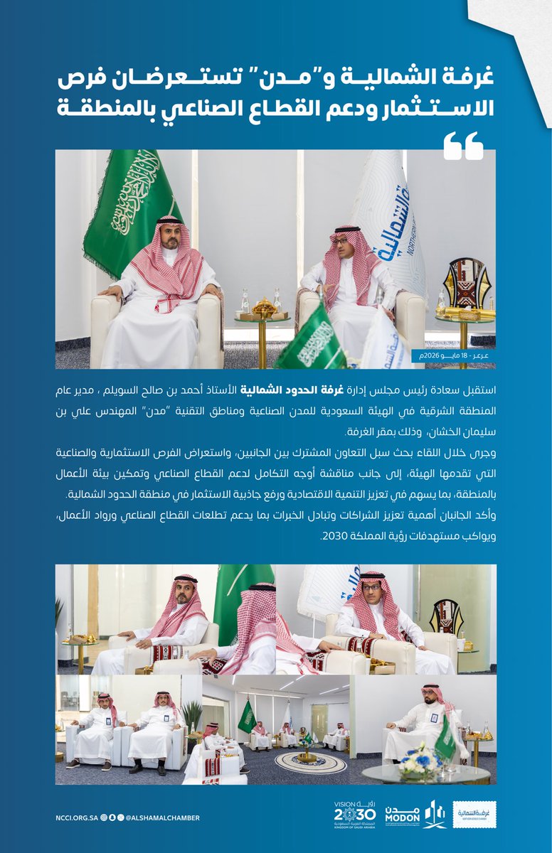 AlshamalChamber's tweet photo. استقبل سعادة رئيس مجلس إدارة #غرفة_الحدود_الشمالية الأستاذ أحمد السويلم، 
مدير عام المنطقة الشرقية في الهيئة السعودية للمدن الصناعية ومناطق التقنية " مدن " @modon_ksa المهندس علي الخشان ٫وذلك بمقر الغرفة.

وجرى خلال اللقاء بحث سبل التعاون المشترك، واستعراض الفرص الاستثمارية والصناعية، ومناقشة أوجه التكامل لدعم القطاع الصناعي وتمكين بيئة الأعمال بالمنطقة، بما يسهم في تعزيز التنمية الاقتصادية وتحقيق مستهدفات رؤية المملكة 2030.