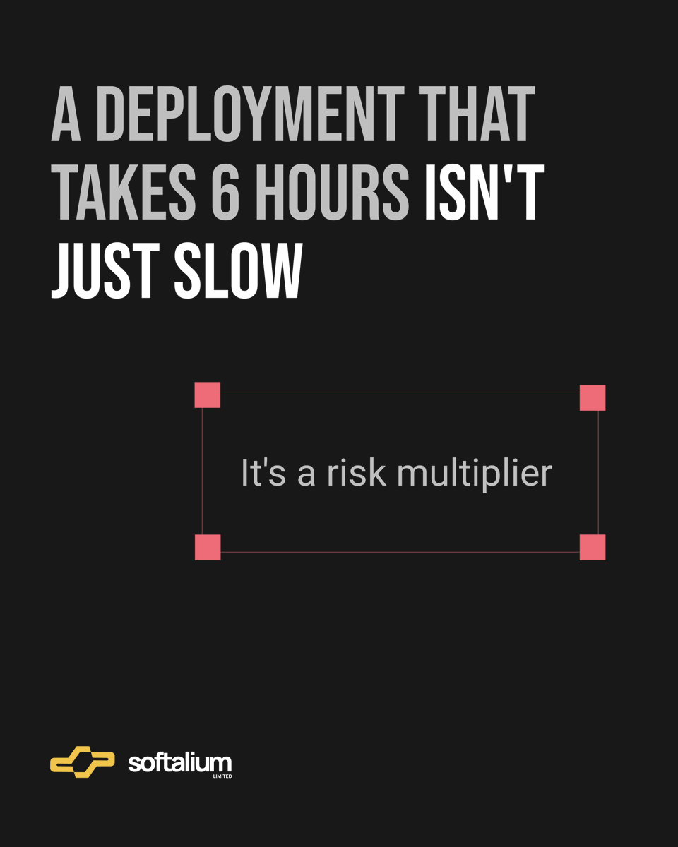 Softalium's tweet photo. Longer releases = bigger bundles = harder debugging.

Manual deployments don’t scale, but teams keep them anyway.

CI/CD fixes it: smaller changes, faster rollbacks, predictable delivery.

One team cut releases from 6 hours to 12 minutes.

#DevOps #Softalium #SoftaliumLimited https://t.co/KAVZbaZ1mq