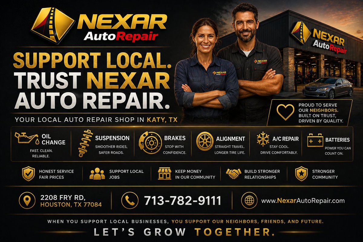 NexarAuto1's tweet photo. Need trusted auto repair in Katy, TX? 🚗🔧

Nexar Auto Repair provides honest service, fast turnaround times, and quality repairs for brakes, AC service, wheel alignments, diagnostics, oil changes &amp; more.

📍 2208 Fry Rd, Houston, TX 77084
📞 713-782-9111
#KatyTX #AutoRepair https://t.co/NlkffXLhuB