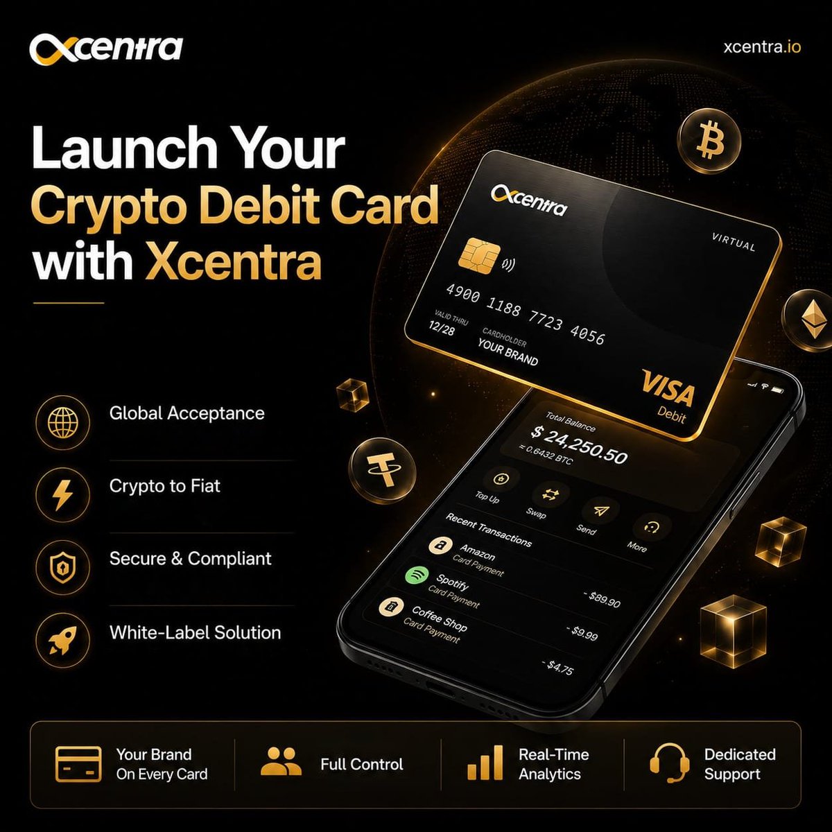 XcentraCards's tweet photo. Put your brand in every user’s wallet. Literally. 💳🔥

Launch your own custom Crypto Debit Card program with Xcentra. Our turn-key white-label solution offers:
✅ Your brand design
✅ Global acceptance (Crypto-to-Fiat)
✅ Full compliance & security
✅ Real-time dashboard analytics

Scale your platform's utility today. 🚀

🌐 https://t.co/buo9Hgb0DY

#Xcentra #B2BFintech #CryptoCard #Web3 #EmbeddedFinance #CryptoToFiat