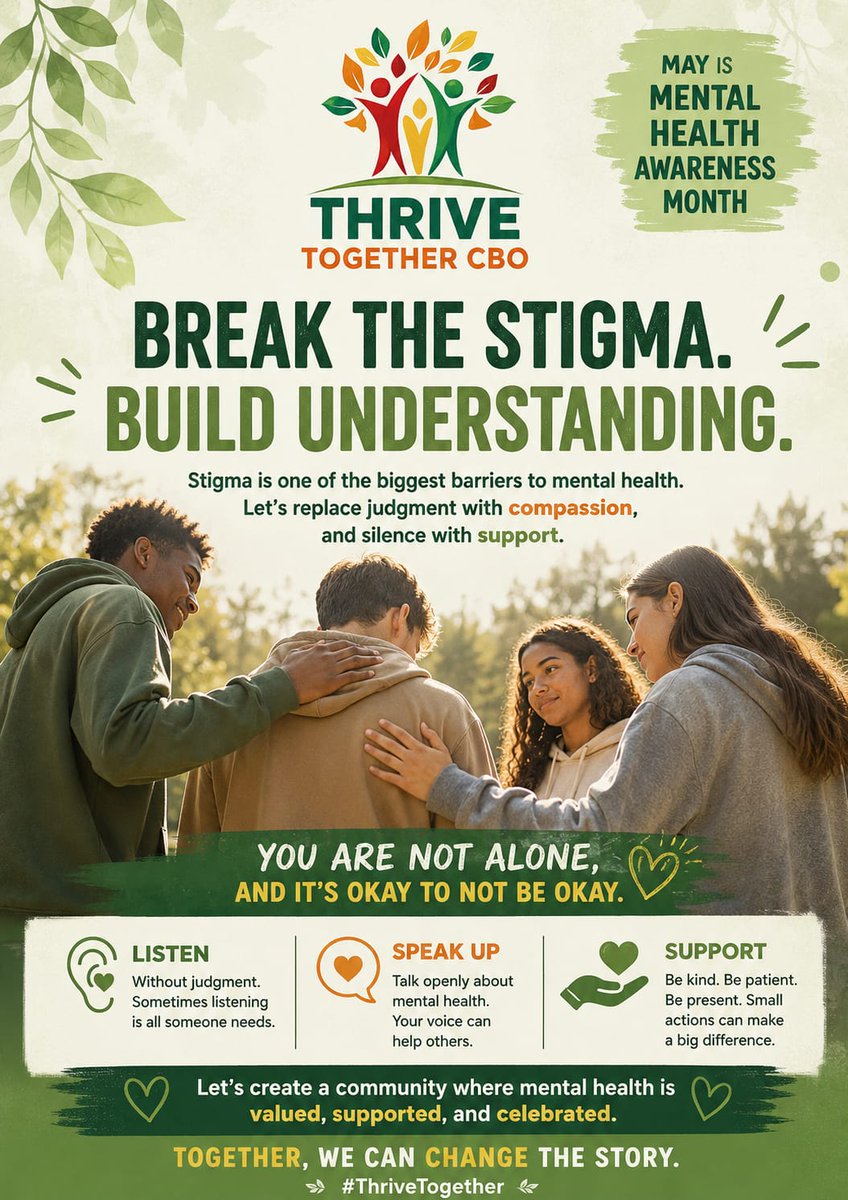 ThriveTogetherF's tweet photo. This Mental Health Awareness Month, let’s replace judgment with compassion and silence with support
You are not alone, and it’s okay to not be okay. 🌱
#MentalHealthAwarenessMonth #BreakTheStigma #MentalHealthMatters #ThriveTogether https://t.co/lzClq6zd5B