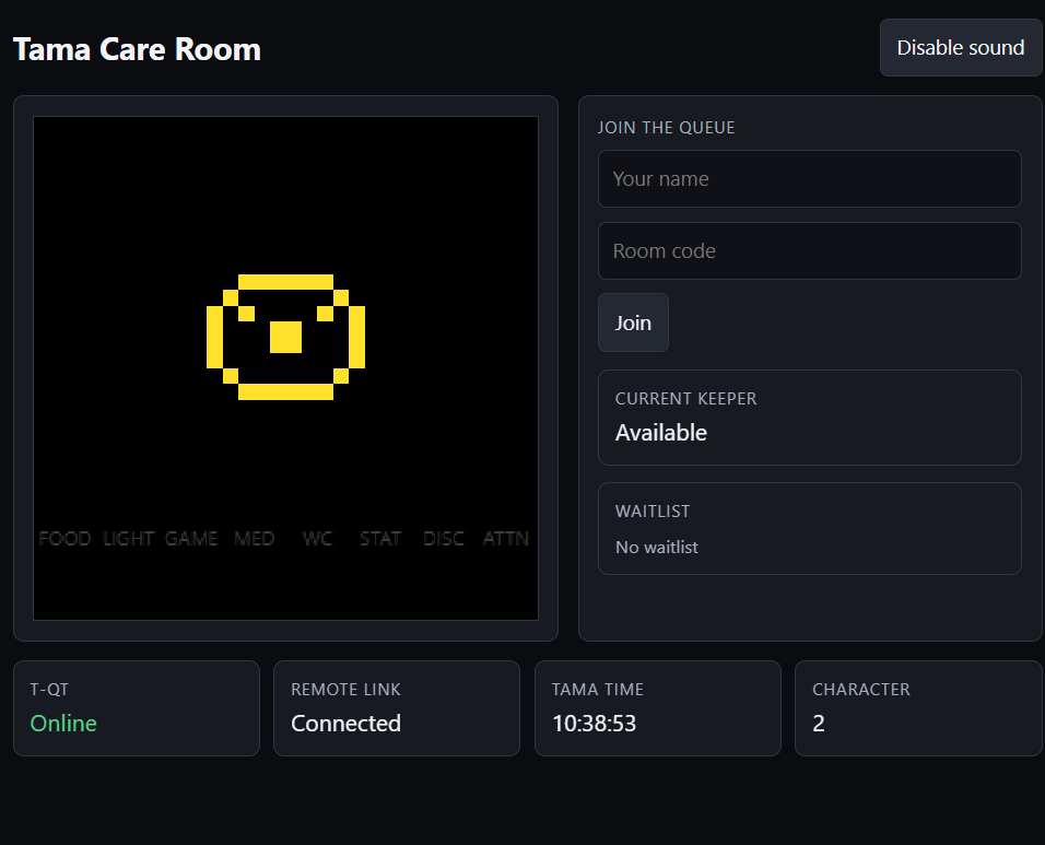DestinoExtinto's tweet photo. I built a physical community Tamagotchi on a LilyGo T-QT Pro: live screen, remote sound, turns + waitlist so people can care for one Tama together.

[ Please bear in mind that there might be some latency since you're controlling an actual physical device. I'm working on making it smoother! :) ]

Room: https://t.co/rzyYxu8Hta
Code: Extinto2222
Repo: https://t.co/bD3i9w10pj