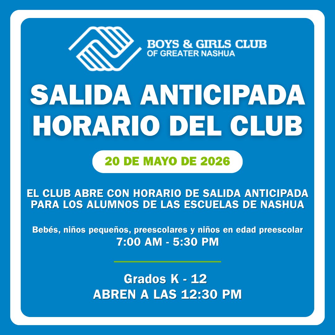 BGCGN's tweet photo. REMINDER: The Club will be open for early release hours for Nashua schools on Wednesday, May 20. https://t.co/059QnkgGqh