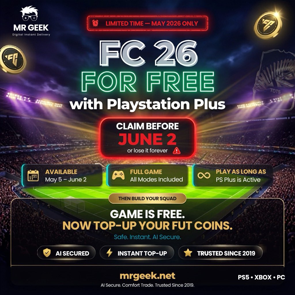 MrGeek_net's tweet photo. FC 26 is free on PlayStation Plus — but June 2 is the deadline.
Claim the full game now. Ultimate Team included.
Link in bio.

Already claimed it? Comment below. 👇

#MrGeekFCCoins #MrGeekFIFACoins #MrGeekFUTCoins #MrGeekFC26Coins #MrGeekFCUltimateTeam https://t.co/l7gJsqyQPJ