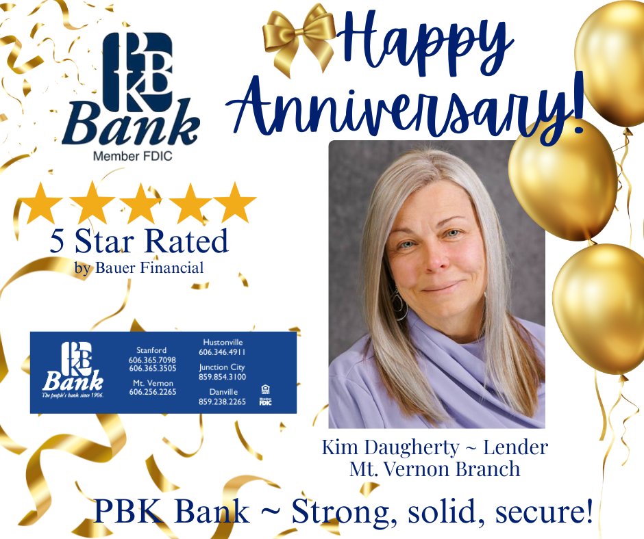 PBKBankKY's tweet photo. 🎉 It’s a PBK Bank Anniversary “Shout Out” to Kim Daugherty! 🎉

Congratulations!!! 🥳

Kim is one of our lenders in our Mt. Vernon Market. Kim consistently strives to give her best, and her dedication makes a difference every day.💙

We are so thankful for you, Kim! Please help us give a big shout out and congratulations on Kim's 20th work anniversary. 🎊

It’s a great day at PBK!!
PBK Bank ~ Strong, Solid, Secure!
#ThePeoplesBankSince1906 #HappyWorkAnniversary #bankinglife