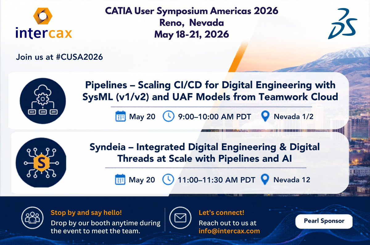 intercax's tweet photo. Engineering teams don’t struggle from lack of tools.

They struggle from disconnected data, models, and workflows.

The future of digital engineering is connected ecosystems powered by digital threads + AI.

Let’s talk at #CUSA2026.

#DigitalEngineering #MBSE @syndeia https://t.co/IbNUoQfIMg