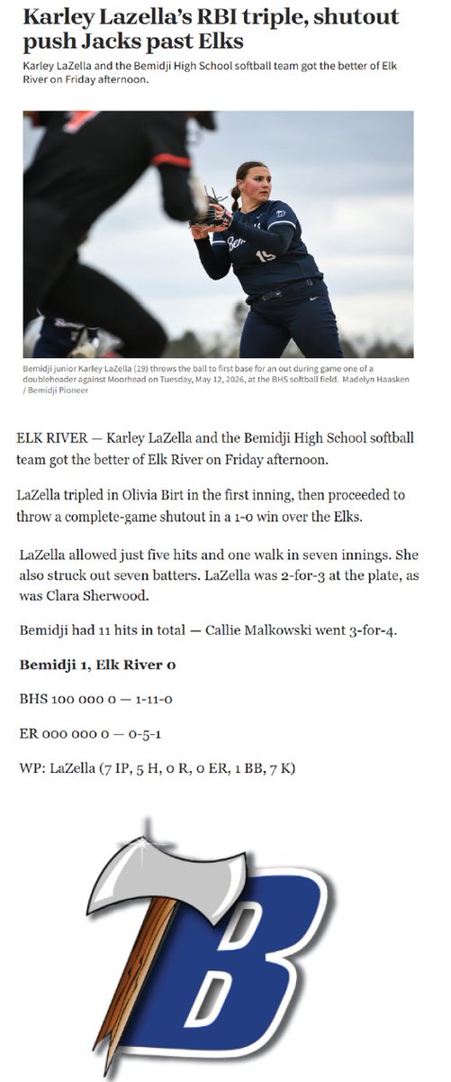 KarleyLaZella's tweet photo. Ended the regular season saturday on a big personal goal, my 100th season strikout vs St Michael-Albertville.  I threw my 3rd consecutive shut-out game vs Elk River on Friday night!  Even though we lost a hard one to STMA on Saturday, this season has been so exciting!

I'm very thankful to all my teammates, coaches and family!  My end of season stats in 20 games:
.556BA, .600OBP, 1.79OPS, 1.20SLG, 10HR, 30RBI
98IP, 21ER, 14BB, 100K, 1.50ERA, .226BAA.

Bemidji is seeded #2 in section 8AAAA, we play first round of the tournament on 5/19/26 at 4:30PM, BHS vs Elk River.

Go JACKS!!  #bemidjilumberjacks

@Coach_Whitney_J @CoachPinkerton @milaysiacorrynn @AlbaughSydney99 @DarrenMueller7 @coachaschilling @GO1616 @__triple_m @CoachMWright3 @KAlstott @CoachDowns42 @mitchrob13 @gabbyjeaann @CoachLauraNorth @CoachBagz @USDCoachWags @KristinaMcSwee6 @stef_ewing @MarcKKendrick @CoachKristaWood @GarrettFurnal @skubuske @CoachEmmaRyan @CoachCourtOSU @coach_simm @BrandonDuncan5 @CSUCoachEasley @CoachWThees @bgoler10 @Coach2K_OSU @kasey_grif @mandygardner24 @BadgerHealy @ShoMcDonald @CoachMFrezzotti @coach_crowell @MWCScouting @TKBizConnector @NCSA_Softball @joycewellhoefer @SportPrepX @bench424nmore @MidwestPremierS @tcicteamcanada @Mammoth_Recruit @DiamondAddicts @mnsoftballhub @SpeedCoachHolt @Mission__FP