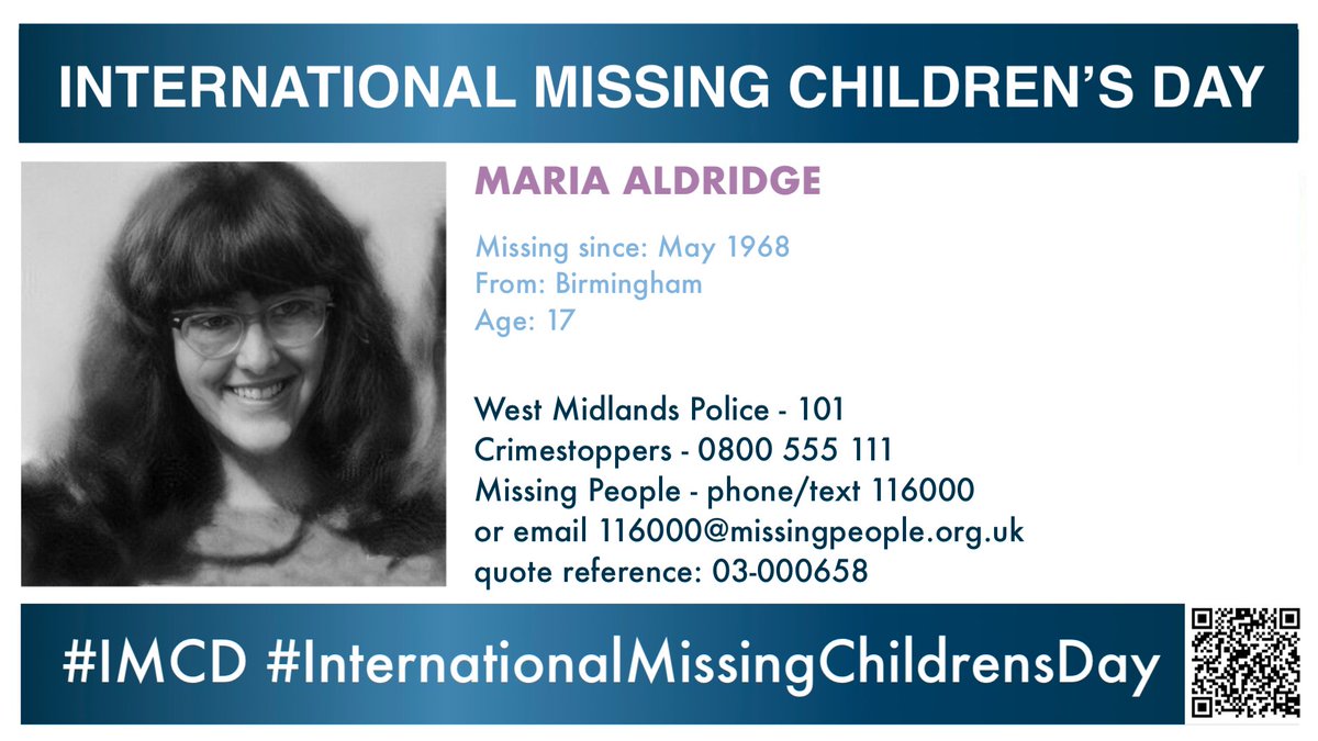 MisPersSupport's tweet photo. Maria Aldridge was 17 years old when she went missing on 1 May 1968 from Birmingham #FindMariaAldridge #IMCD
#InternationalMissingChildrensDay #MissingPersonsSupport #BlueForHope 🩵 https://t.co/fLjaBGgZgU