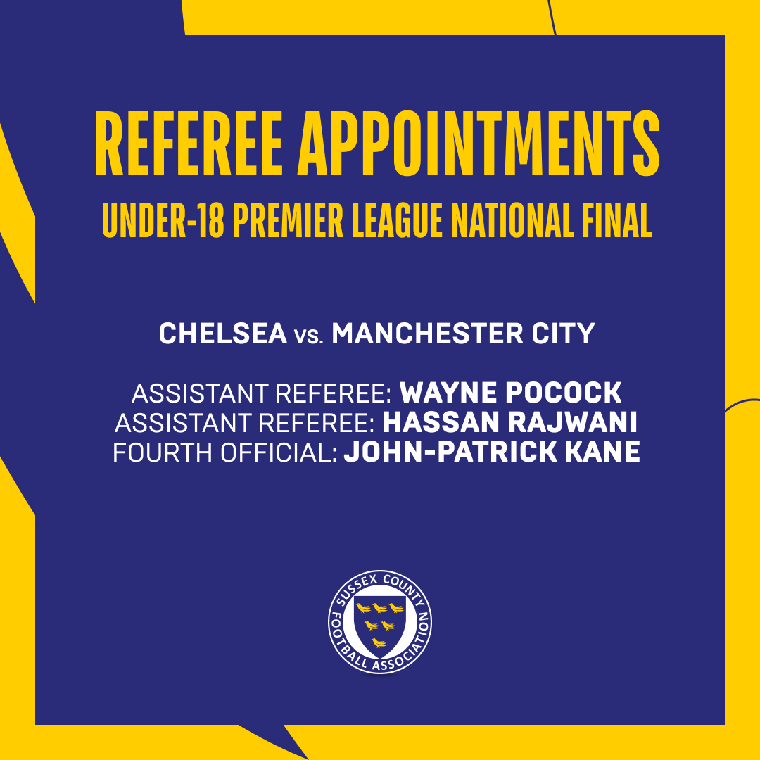 SussexCountyFA's tweet photo. 👏 Congratulations to Sussex match officials Hassan Rajwani, Wayne Pocock and John‑Patrick Kane on their appointments to the Under‑18 Premier League National Final at Stamford Bridge this Friday!

#SussexFootball⚽ https://t.co/IuiVO8GrlK