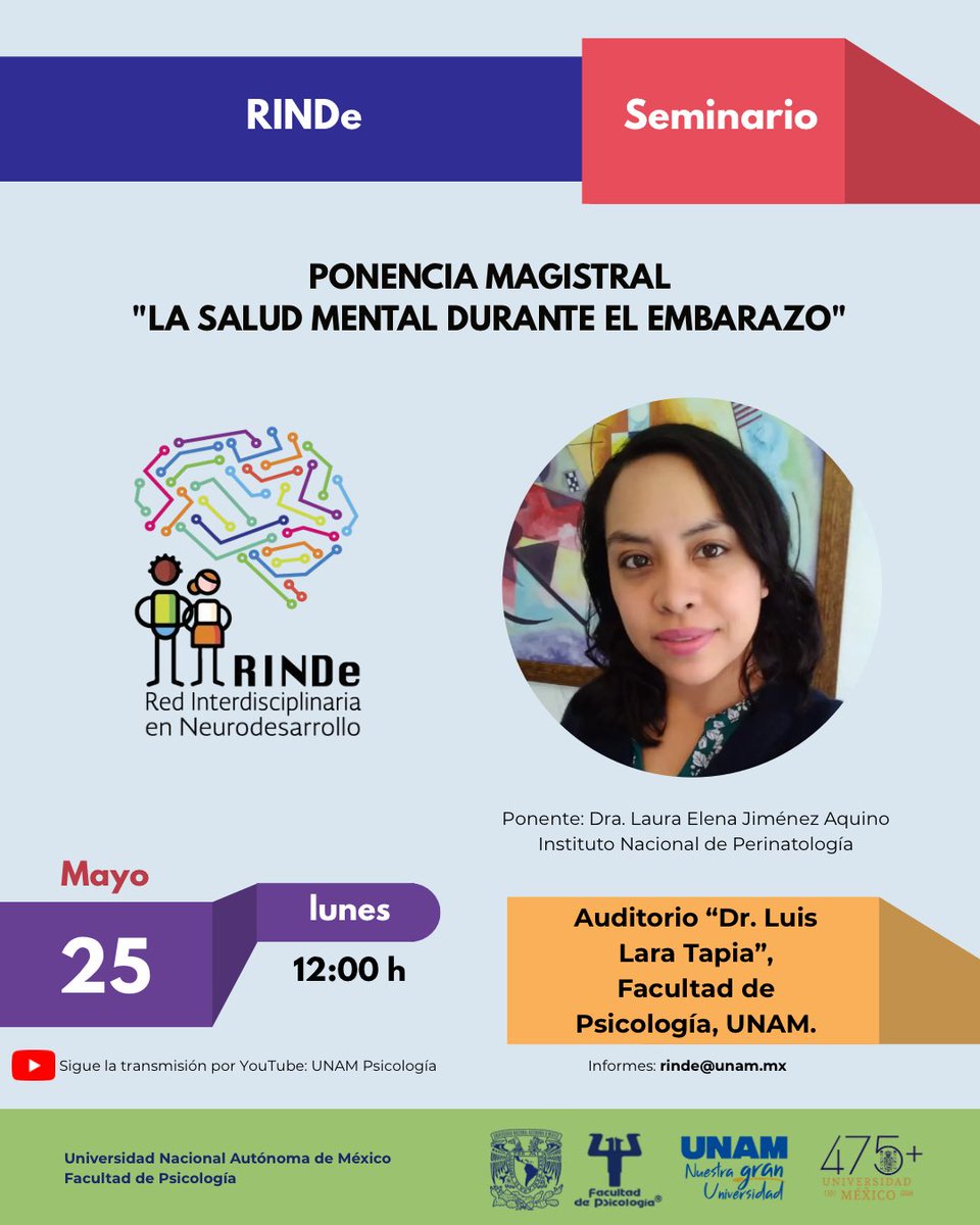 RINDe_UNAM's tweet photo. ¡Pasa la voz! 🗣️ La cita nos vemos este lunes 25 en la @Psicologia_UNAM.

Acompaña a la Dra. Laura Elena Jiménez Aquino y a la comunidad #RINDe para hablar sobre salud mental y embarazo. 🧠🤰

🕛 12:00 h
📍 Auditorio Dr. Luis Lara Tapia https://t.co/Ce1gVelgMs