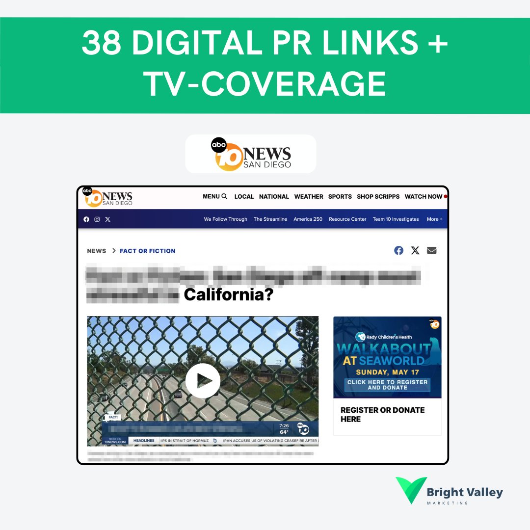 BrightValleyMKT's tweet photo. We helped a personal injury law firm earn 38 media placements and multiple TV coverages.

Our client received coverage in Vermont, Orlando, Wisconsin, Texas, and more.

For a personal injury firm, that regional coverage is what builds authority.

#digitalpr #pr #seo #seo2026 https://t.co/ae7y2Sudpm