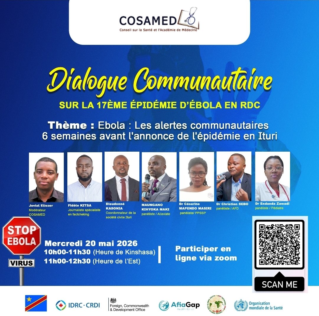 COSAMEDnews's tweet photo. INVITATION

Participez au dialogue via la plateforme zoom à l'heure indiquée grace à ce lien:👇
 https://t.co/cyMrzpyNze
Ou scannez le code QR sur l'affiche. https://t.co/VwUG5QKHRp